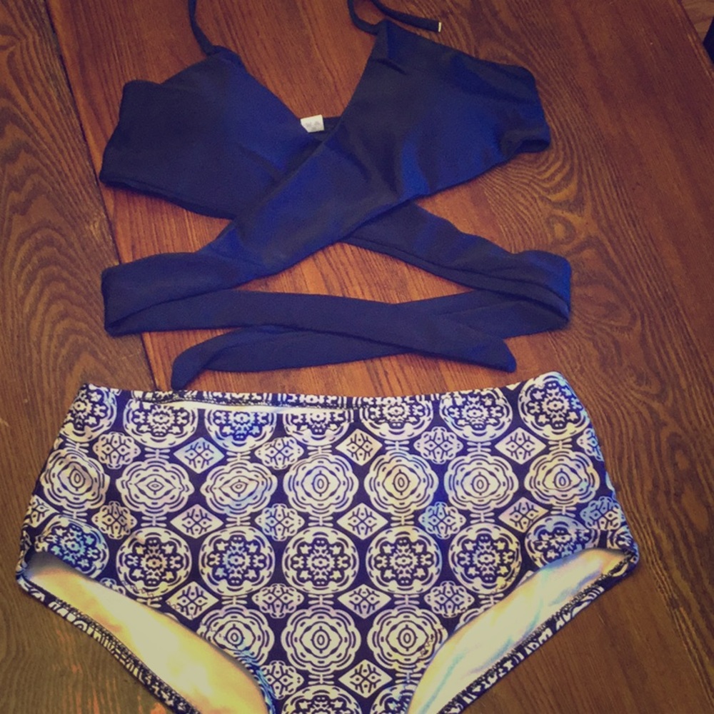 Two piece high waisted blue & white swimsuit.